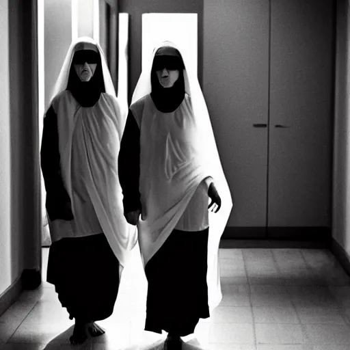 Prompt: nightmare vision, black and white, award winning photo, levitating twin nuns, wearing translucent sheet, in a sanctuary, hallways, eerie, frightening —width 1024 —height 1024