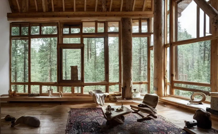 Prompt: rustic modernist cabin living room, large window with a view of a forest, white walls, oak wood timberwork, feng shui, fire place, bohemian, german style, cozy, swedish design