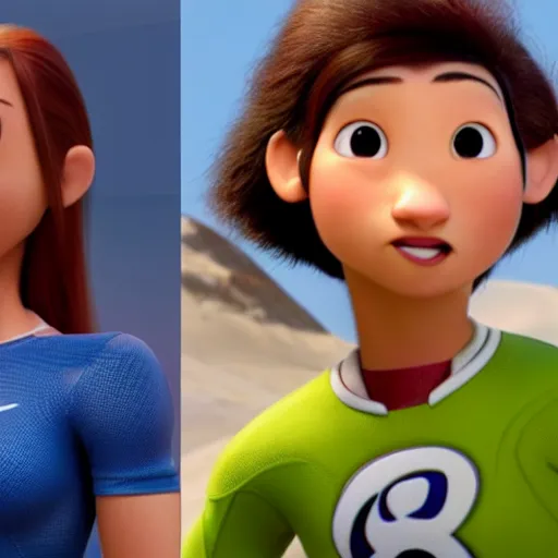 Image similar to young beautiful athletic Filipino woman with long hair and a handsome caucasian athletic thin man with short buzzed hair, high widows peak, stubble on his face, both depicted as Pixar characters, high quality cg render