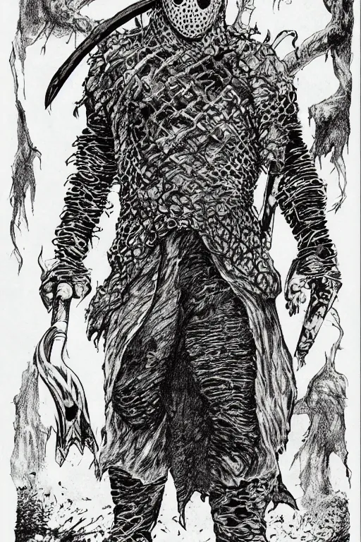 Image similar to Jason Voorhees as a D&D monster, pen-and-ink illustration, etching, by Russ Nicholson, DAvid A Trampier, larry elmore, 1981, HQ scan, intricate details, high contrast