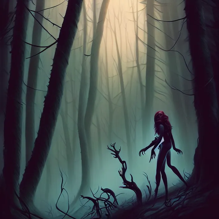 Image similar to style artgerm, joshua middleton, tim jacobus, scary wendigo, in the forest, detailed, dark and foggy, cinematic lighting