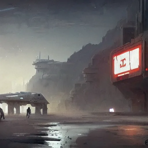 Image similar to star wars concept art by greg rutkowski, a post - modern city near to a big lake, sharp foccus, cinematic ilumination, nostalgic atmosphere.