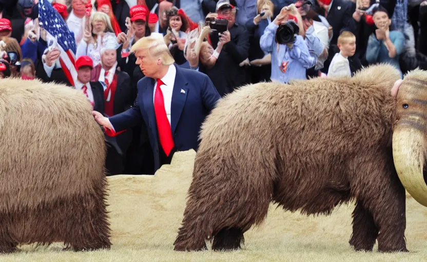 Image similar to Donald Trump in a baby mammoth costume , with an open face