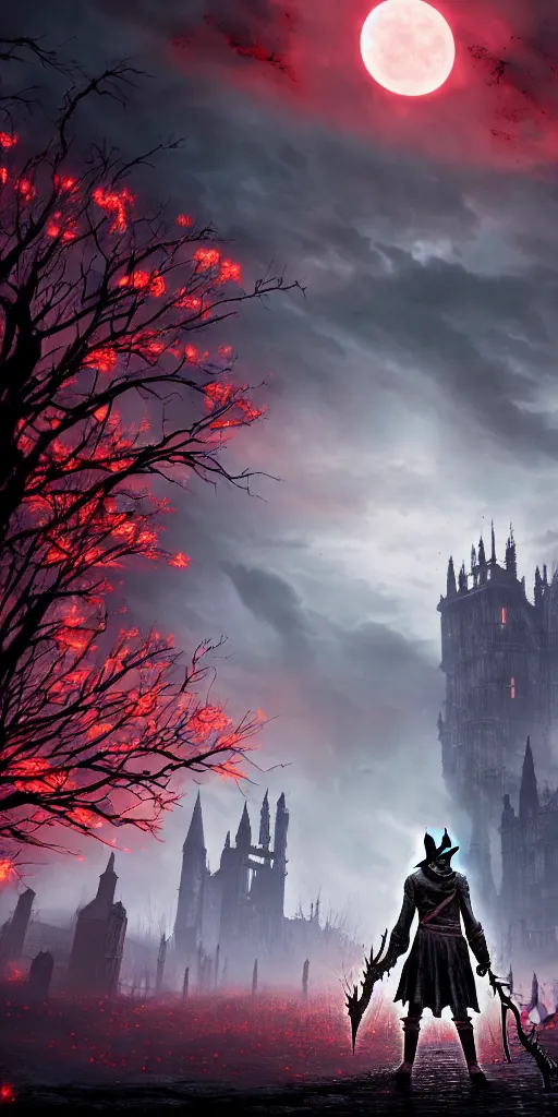 Prompt: abandoned bloodborne old valley with a obscure person at the centre and a ruined gothic city in the background, trees and stars in the background, falling red petals, epic red - orange moonlight, perfect lightning, wallpaper illustration by niko delort and kentaro miura, 8 k, ultra realistic