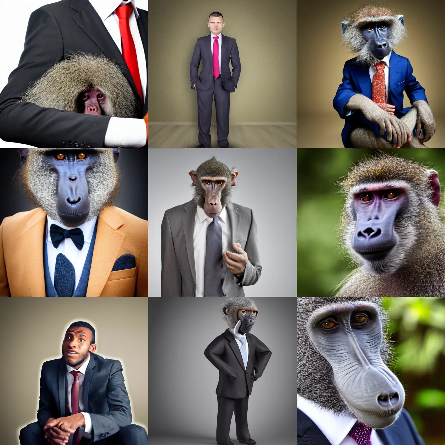 Prompt: baboon wearing a suit and tie, ready for a meeting, close business portrait