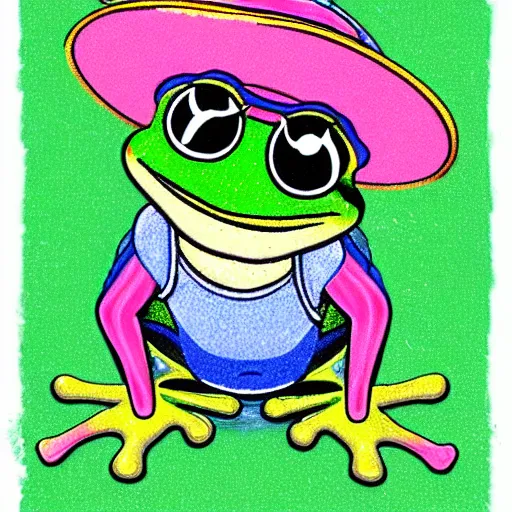 Prompt: a frog with a baseball hat lisa frank