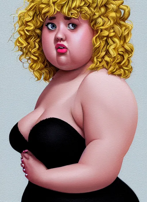 Image similar to full body portrait, teenage betty cooper, blonde hair, obese, bangs, ponytail, sultry, realistic, sultry smirk, fluffy bangs, curly bangs, fat, belly, beautiful girl, intricate, elegant, highly detailed, digital painting, artstation, concept art, smooth, sharp focus, illustration, art by wlop, mars ravelo and greg rutkowski