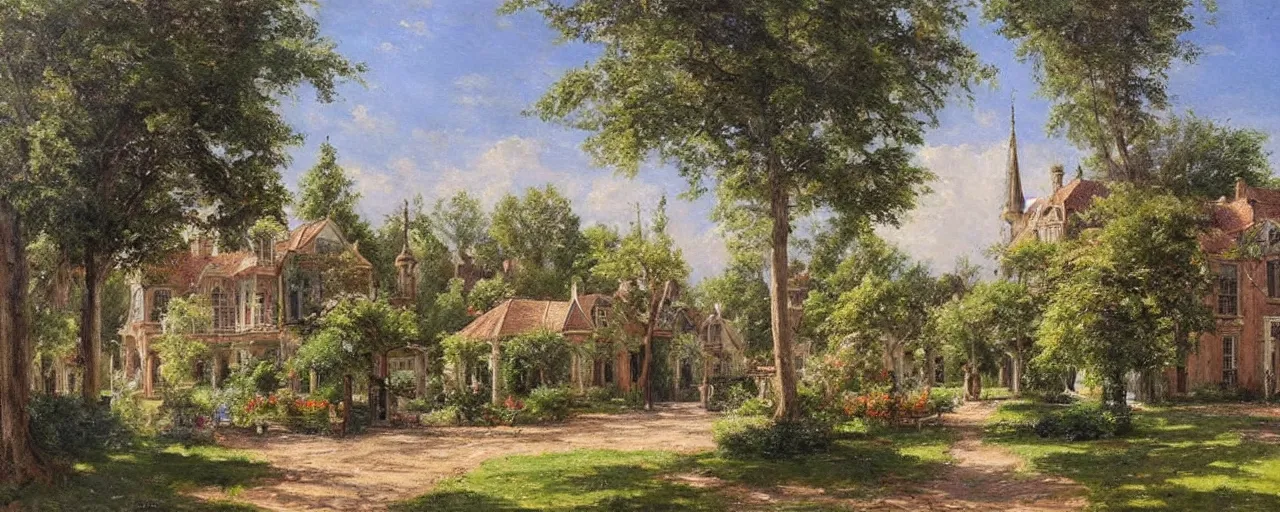 Prompt: a highly detailed oil painting of a house from the 1880s surrounded by a beautiful garden, a view from ground level: elegant, ornate, daytime. this is a beautifully lit scene.