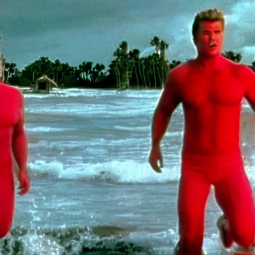 Prompt: a screen still of a frightening existential nightmare in an episode of baywatch