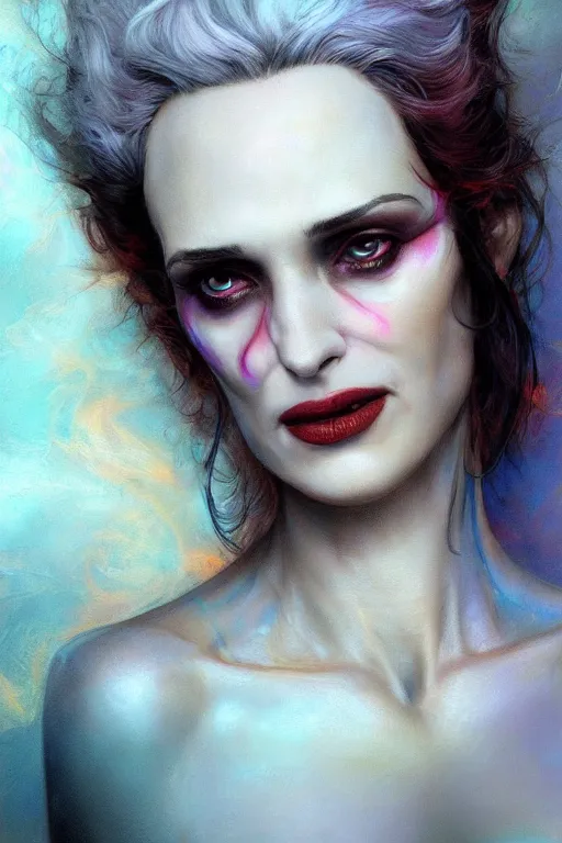 Prompt: closeup portrait shot of winona ryder as delirium of the endless, the sandman, thick fancy makeup, highly detailed, digital painting, artstation, concept art, soft focus, depth of field, artgerm, tomasz alen kopera, peter mohrbacher, donato giancola, joseph christian leyendecker, wlop, boris vallejo