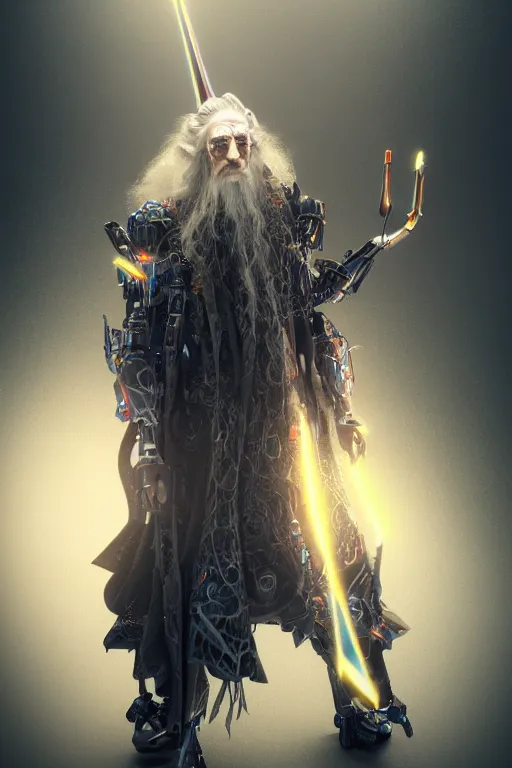 Prompt: a psychedelic hyperrealistic 3 d render of gandalf as an evil - cyborg - mecha - wizard. octane render. dark moody lighting. middle - earth background. intricate beautiful details. trending on deviant art.