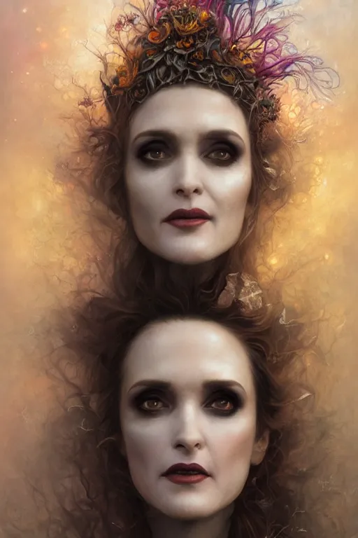 Image similar to closeup portrait shot of winona ryder as delirium of the endless, the sandman, the fairy queen, floral growth, thick fancy makeup, highly detailed, digital painting, artstation, concept art, soft focus, depth of field, artgerm, tomasz alen kopera, peter mohrbacher, donato giancola, wlop, boris vallejo