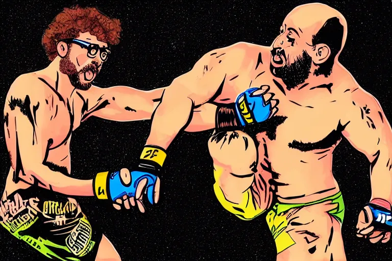 Image similar to Sam Hyde fighting Joe Rogan in the UFC octagon, Mike Judge art style, 90's mtv illustration, clean linework