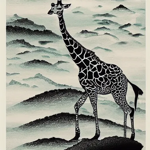 Prompt: giraffe in a bot on a stormy sea at the base of cliffs, japanese style ink art,
