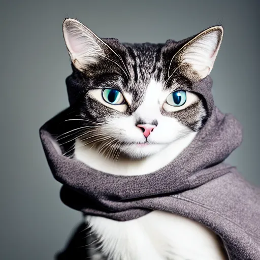 Image similar to a studio photograph of a cat wearing a hoodie,realistic,photorealistic,hyperdetailed,hyperrealistic,detailed face,highly detailed,professional photo,professional lighting,studio photo,studio lighting