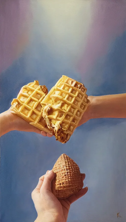 Image similar to still-life painting of hand holding a waffle cone containing gelato scoops by Krøyer, lush garden in the background, golden hour, dramatic lighting, volumetric lighting, intricate detail, canvas print