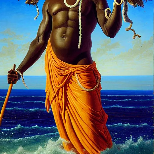 Prompt: oil painting of an imposing and handsome mature african - haitian naval officer voodoo god of the sea wearing blue and white clothes, holding a trident in his hand by john william godward. photorealistic, highly detailed, classical lighting, sea background.