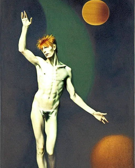 Image similar to david bowie as a ziggy stardust levitating and surrounded by transcendental light by jean auguste dominique ingres, luminous orbs, labyrinthine, sacred, mystical