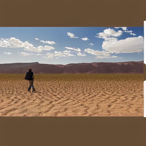 Image similar to man wandering the desert solemnly, realistic 8k