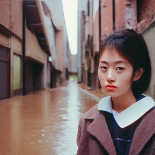 Image similar to 1990s perfect 8K HD professional cinematic photo of close-up japanese schoolgirl posing in sci-fi dystopian alleyway at morning during rain, at instagram, Behance, Adobe Lightroom, with instagram filters, depth of field, taken with polaroid kodak portra