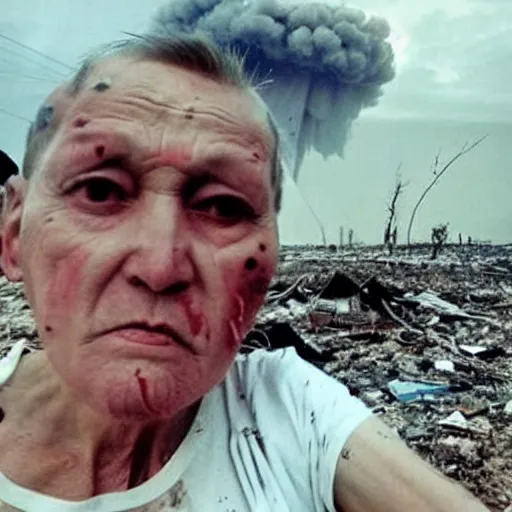 Image similar to last selfie of last alive ukrainian very damaged after a nuclear strike, a nuclear explosions in the background, dead bodies everywhere, 2 0 2 2