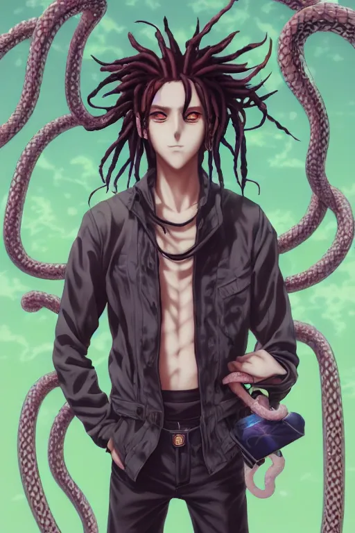 Image similar to portrait of an anime manga guy with floating snake dreads, straight on, by artgerm, james jean, tom bagshaw, gerald brom, vaporwave colors, lofi colors, vaporwave, lofi, goth vibe, 4 k, smooth, hd, substance designer render, full body character concept art, symmetrical, 2 point lighting,