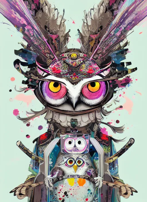 Image similar to arrogant elegant medium shot of white one - eyes owl dressed in samurai garment, pixiv fanbox, dramatic lighting, maximalist pastel color palette, splatter paint, pixar and disney exploded - view drawing, graphic novel by fiona staples and dustin nguyen, peter elson, alan bean, wangechi mutu, clean cel shaded vector art, trending on artstation