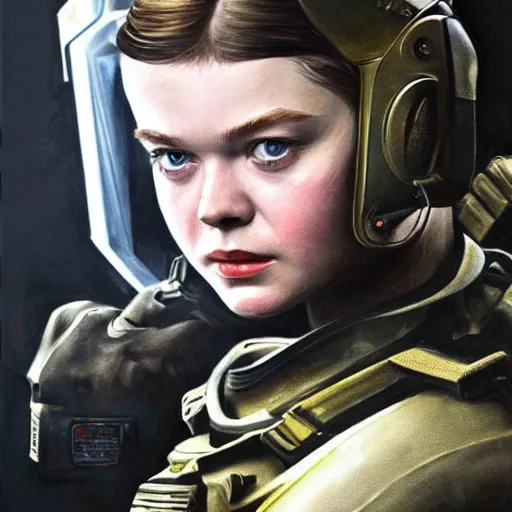 Image similar to ultra realistic portrait painting of elle fanning in prey wearing swat gear, art by frank frazetta, 4 k, ultra realistic, highly detailed, epic lighting