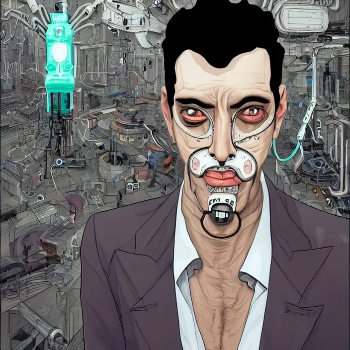 Image similar to A portrait of one! latino mad scientist male with cyborg face looking at the camera with a queasy smile!!, wearing a black suit under a white laboratory coat, in a mixed style of Botticelli and Æon Flux!!, inspired by Simon Stålenhag paintings, and cyberpunk!!!, stunningly detailed, stunning inking lines, flat colors, 4K photorealistic