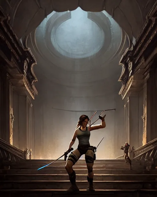 Image similar to lara croft exploring an italian opera house with numerous musclebound male goons patrolling the area, by wlop, greg rutkowski and peter mohrbacher, extremely detailed shading, concept art, digital painting, trending on artstation, unreal engine 5, octane render, atmosphere, lens flare, glow, cinematic lighting, full of color