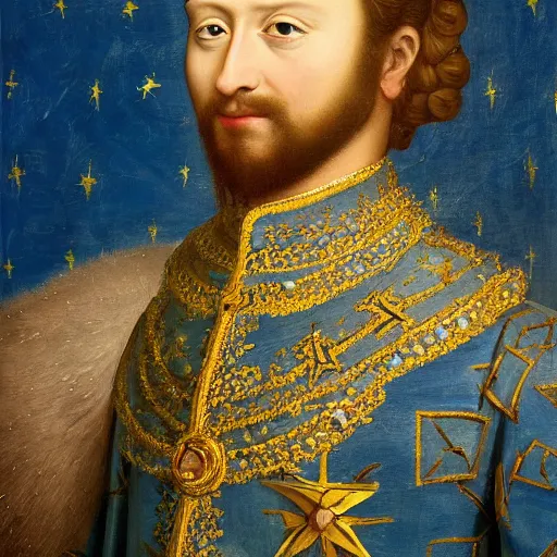 Image similar to highly detailed painting of the french king, he is wearing a blue robe with yellow stars across it, 4 k resolution, by jaquis luis david, visible paint layers, renaissance.