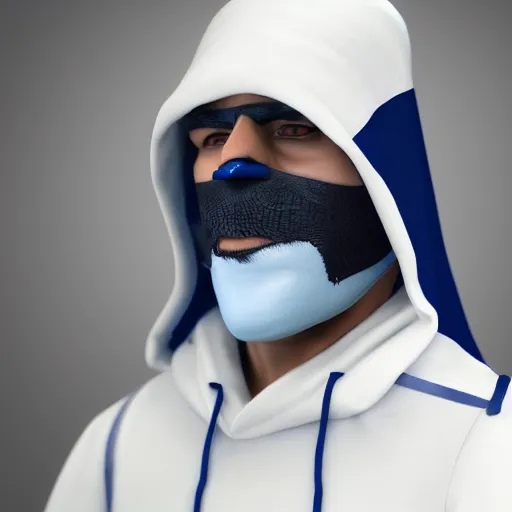 Image similar to a highly detailed, portrait of a man with black hair with a black medical mask, in a hood in the form of a blue shark with white teeth, artstation, DeviantArt, professional, octane render, digital art