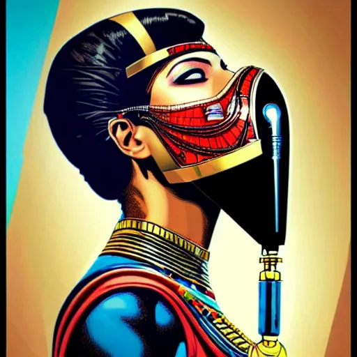 Image similar to a profile photo of a egyptian woman with a diving oxygen mask with side profile blood in ocean intricate details by MARVEL comics and Sandra Chevrier-C