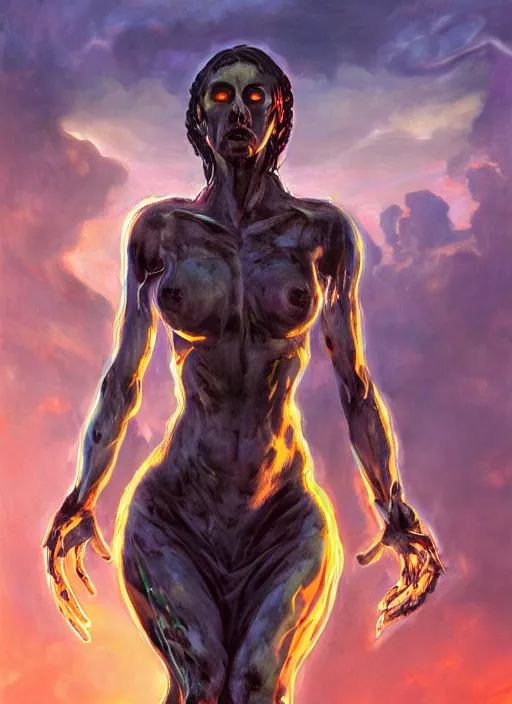 Image similar to biblical daemonic cyber girl, glowing veins, in clouds, sunset, big eyes, portrait by mikhail vrubel, studio lighting, muted colors, by frank frazetta, extreme detail, reflections, trending on artstation, 8 k