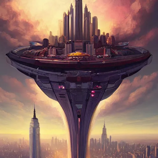 Image similar to A rococo spaceship hovering above the New York skyline, by andreas rocha, sci-fi featured on artstation