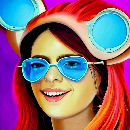 Image similar to closeup painting of a very beautiful young mexican cyberpunk woman with a smile, light blue neon shutter shades!! on her face, and a purple coloured leather jacket, one side haircut, long brown hair with light blue ends, portrait, sci - fi, hyperdetailed, cgsociety, synthwave by tangerine dream, by jean - michel jarre, by vangelis, by john carpenter