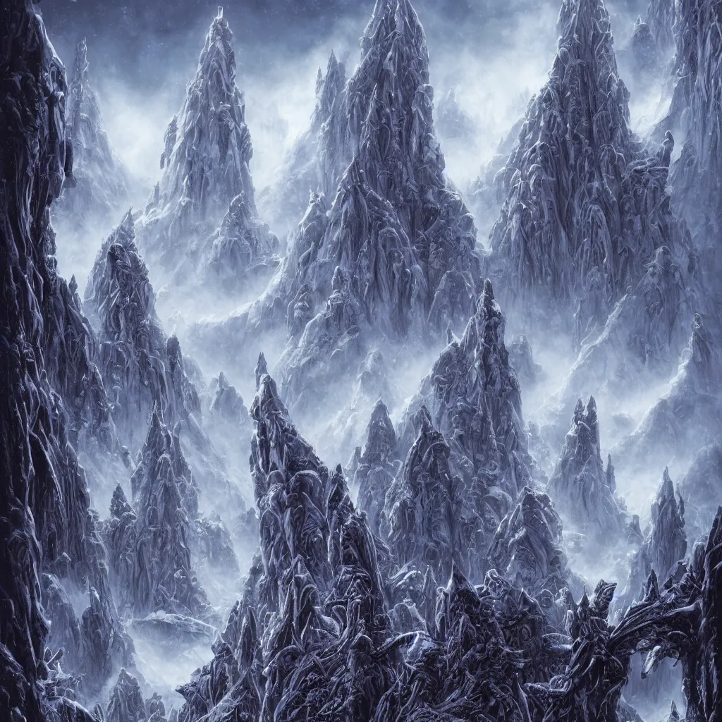 Image similar to frozen ancient alien cityscape in the mountains of antarctica, upward cinematic angle, by rodney matthews, michael kaluta, and john byrne, fantasy art, evil atmosphere, winter night aesthetics, stunning composition, alien faces, monstrous behemoth statues, intricate, strange, elegant, digital art, hyperdetailed towers, colorful hyperrealism, brilliant photorealism, masterpiece, 8k