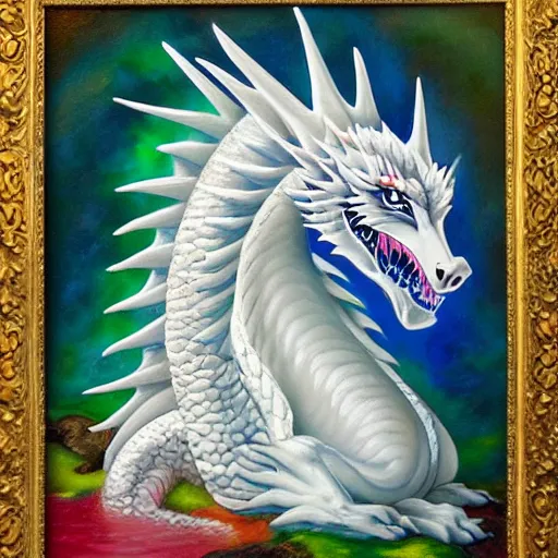 Image similar to highly detailed oil painting of a white dragon sitting in a colorful hotspring