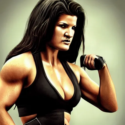 Image similar to beautiful digital painting of gina carano with a cybernetic arm, highly detailed, hyperrealism