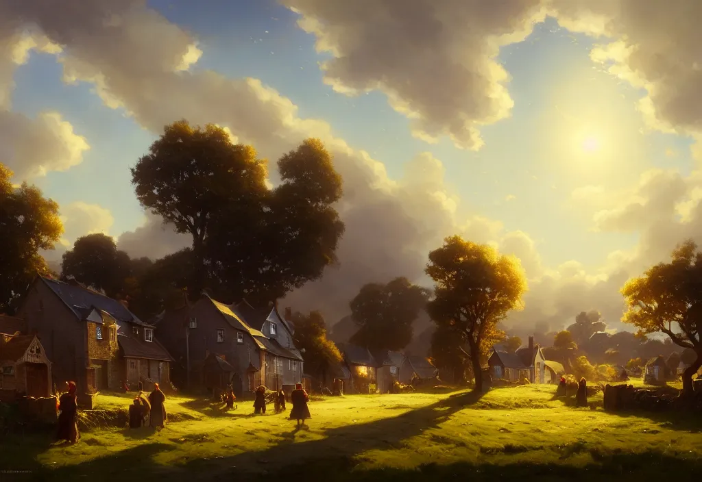 Prompt: a victorian village scene, houses and a field in the background, clear blue sky, cinematic view, epic sky, detailed, concept art, low angle, high detail, warm lighting, volumetric, godrays, vivid, trending on artstation, by jordan grimmer, art greg rutkowski