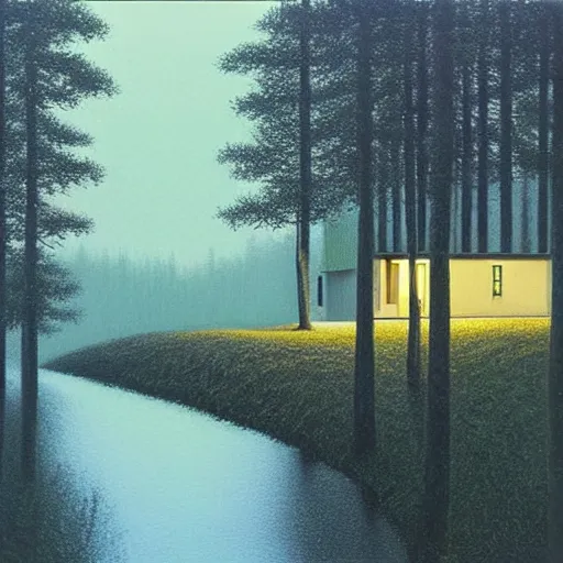 Image similar to painting by by Quint Buchholz, atmospheric cozy futuristic organic white concrete house in the middle of a lush and dense forest at night, a beautiful lake next to it, night time, night sky, starry night sky, by Quint Buchholz