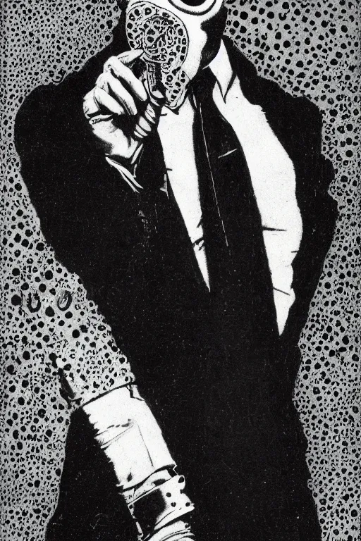 Prompt: portrait of young man wearing black medical mask, suit and tie, style of virgil finlay
