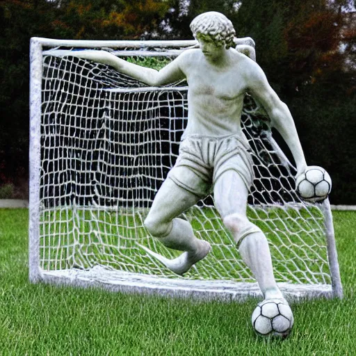 Image similar to detailed marble statue of an angel soccer goal keeper catching a ball