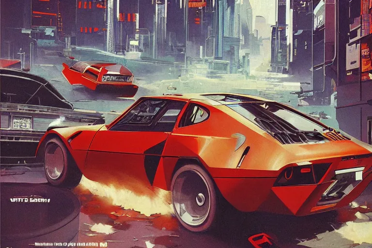 Prompt: 1969 Popular Science Magazine Cover BMW M1 Stratos, city in cyberpunk style by Vincent Di Fate