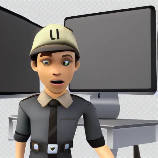 Image similar to TF2 scout confused a computer on an office desk, game render