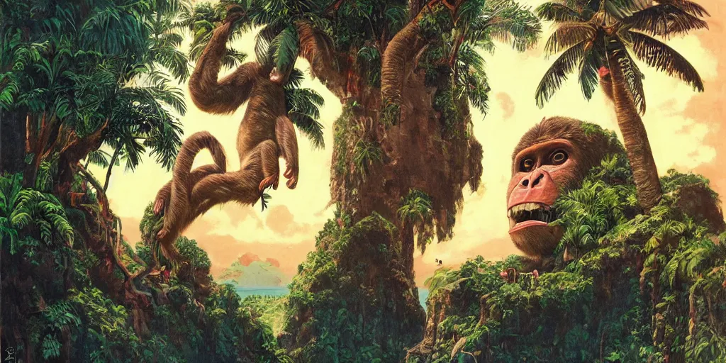 Image similar to ”a huge primitive monkey’s head catved out of stone with a mouth as an entrance to a cave inside, [caribbean, jungle, palm trees, beach, wide angle, side view, cinematic, monkey island, art by wlop and paul lehr]”