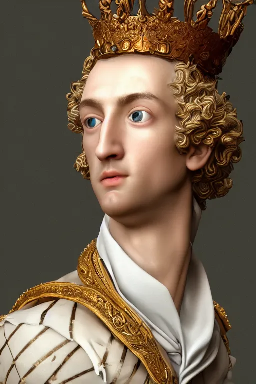 Image similar to a realistic porcelain full-head rococo style bust of handsome young Spanish prince with colored pipecleaners for a crown and suspended in outer space, photorealism, octane render, depth of field, 8k, 35mm, artgem, Trending on artstation