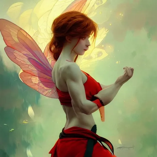 Prompt: beautiful natural fairy small winged redhead martial artist karate fey, vivid colors, intricate, elegant, highly detailed, digital painting, artstation, concept art, smooth, sharp focus, illustration, art by artgerm and greg rutkowski and alphonse mucha and loish and wlop