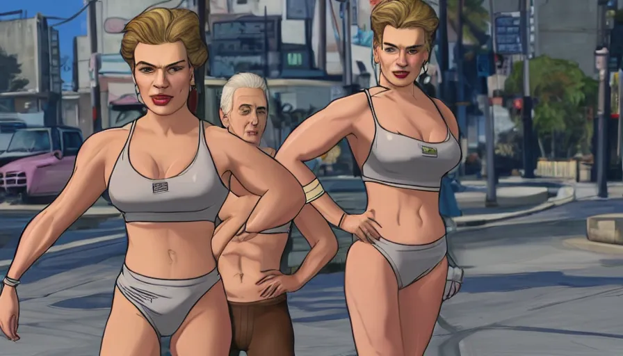 Prompt: portrait of broad muscled hayley atwell, short silver hair, wearing spandex bikini, bodybuilder, standing in street, cartoon illustration, gta v