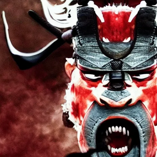 Image similar to big buff very strong very buff samurai wearing an oni mask, amazing movie still movie